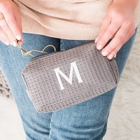 Personalized Small Cotton Waffle Makeup Bag - Gray
