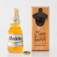 Cedar Wood Wall Mount Bottle Opener - Beer Makes Me Happy Etching
