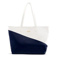 Personalized Color Block Faux Leather Tote Bag - Navy & White