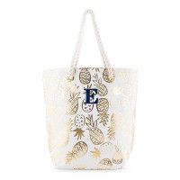 Monogrammed Cotton Canvas Beach Tote Bag - Gold Pineapple Print
