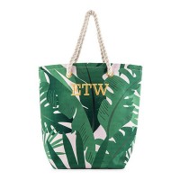 Monogrammed Cotton Canvas Beach Tote Bag - Tropical Leaf
