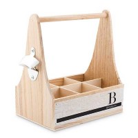 Personalized Wooden Bottle Caddy With Opener-Off-set Initial