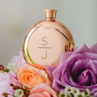 Stacked Monogram Etched Round Rose Gold 3 oz Hip Flask