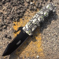 9 in. Spring Assisted Gray Skull camo Handle Knife with Bottle Opener