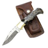 TheBoneEdge 6.5 in. Damascus Folding Knife Lamb Horn Handle Handmade with Sheath
