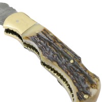 TheBoneEdge 6.5 in. Damascus Folding Knife Stag Handle Handmade with Sheath New