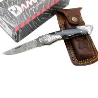 TheBoneEdge 7 in. Damascus Folding Knife Horn Handle Bolster Handmade with Sheath