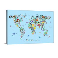 Animal Map Of The World For Children Light Blue Wall Art - Canvas - Gallery Wrap