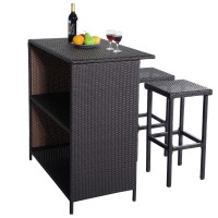 3 Pcs Patio Outdoor Rattan Wicker Bar Table And 2 Stools