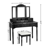 Vanity Tri-Folding Necklace Hooked Mirror Dressing Table Set With 7 Drawers