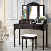 Vanity Tri-Folding Necklace Hooked Mirror Dressing Table Set With 7 Drawers