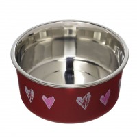 Loving Pets Stainless Steel and Red Hearts Bella Bowl with Rubber Base - Small