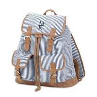 Large Personalized Cotton Backpack With Faux Leather Trim - Navy & White Stripe