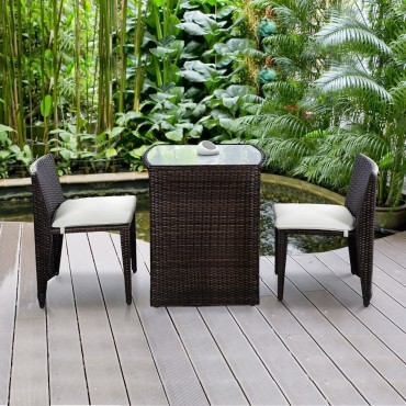 3 Pcs Wicker Patio Cushioned Outdoor Chair And Table Set