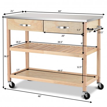 Rolling Kitchen Trolley Cart Island With Stainless Steel Countertop