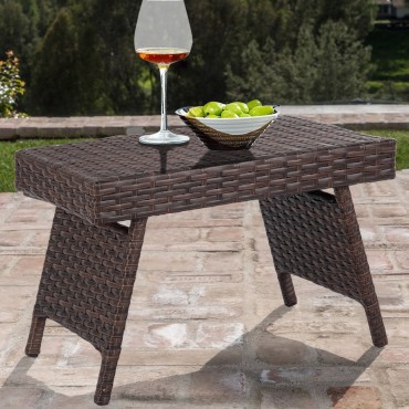 Folding PE Rattan Side Coffee Table Patio Garden Furniture