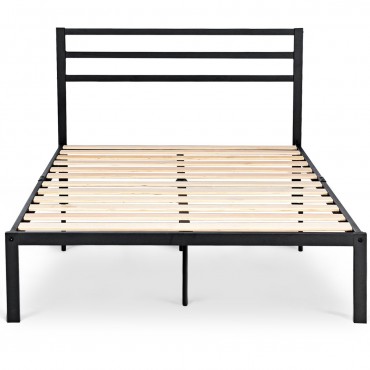 Full Size Steel Bed Frame With Stable Platform And Wooden Slats