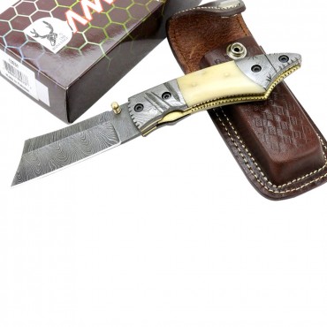 The Bone Edge 7.5 in Damascus Blade Folding Knife Horn Handle Handmade with Sheath