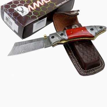 TheBoneEdge 7.5 in. Damascus Blade Folding Knife Brown Horn Handle Handmade Sheath