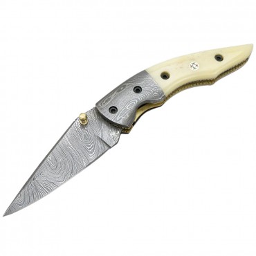 The Bone Edge 7 in. Damascus Blade Folding Knives Horn Handle Handmade with Sheath