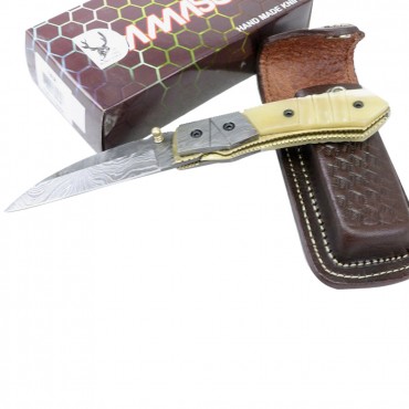 The Bone Edge 7.5 in. Damascus Blade and Handle Folding Knives Handmade with Sheath