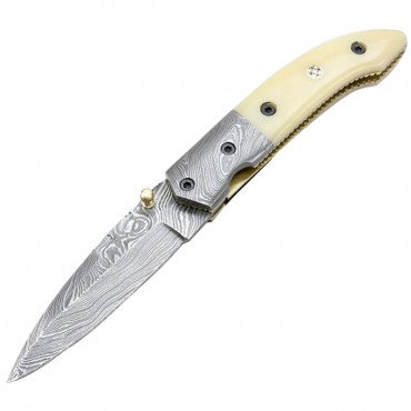 TheBoneEdge 7.5 in. Damascus Blade Folding Knife Horn Handle Handmade with Sheath