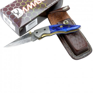 TheBoneEdge 7.5 in. Damascus Blade Folding Knife Blue Horn Handle Handmade Sheath