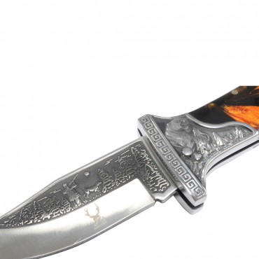 TheBoneEdge Hunter Blade Engraved Design Marble 9 in. Folding Knife 3CR13 Steel