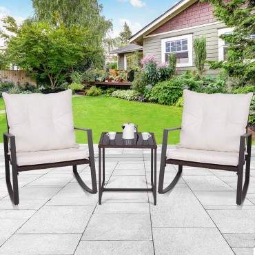 3 Pcs Patio Rocking Outdoor Rattan Chair Set With Cushion