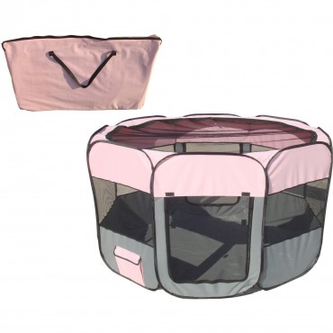 All-Terrain Lightweight Easy Folding Wire-Framed Collapsible Travel Pet Playpen - Grey/Pink 