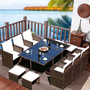 11 Pcs Outdoor Patio Dining Rattan Wicker Furniture Set
