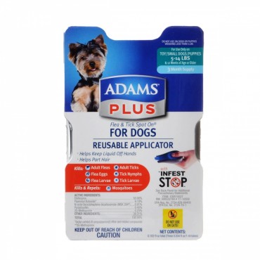 Adams Plus Flea and Tick Spot On for Dogs with Reusable Applicator - Small Dogs - 3 Month Supply - Dogs 5-14 lbs