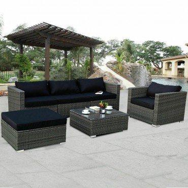 Rattan Wicker Patio Sofa Set With Black Cushion