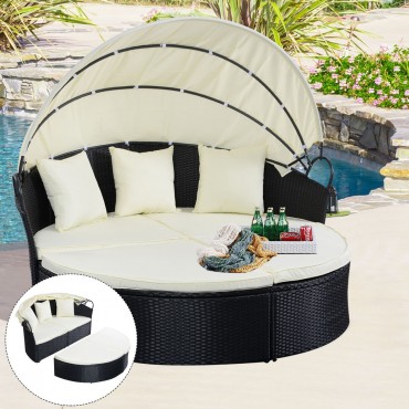 Outdoor Patio Rattan Round Retractable Canopy Daybed