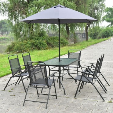 8 Pcs Outdoor Patio Square Folding Furniture Set With Umbrella