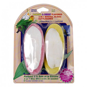 Penn Plax 2-in-1 Mineral Block Cuttlebone - Banana and Berry Flavors - 2 Pack - 3 Pieces