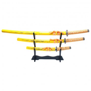 3 Piece Yellow Dragon Design Samurai Katana Swords Set with Stand