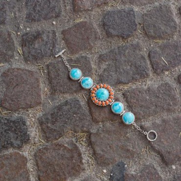 7.5 in. Reconstituted Turquoise and Coral Sunburst Toggle Bracelet
