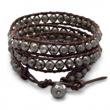 21 in. + 1 in. Leather and Pyrite Wrap Fashion Bracelet