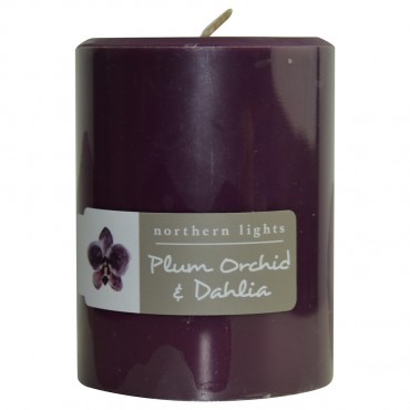 Plum Orchid And Dahlia - One Pillar Candle 3x4 Inch  Burns 80 Hours