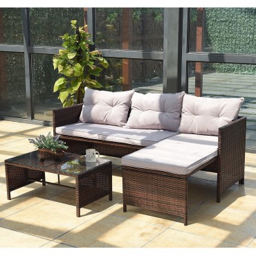 3 Pcs Rattan Wicker Deck Couch Outdoor Patio Sofa Set