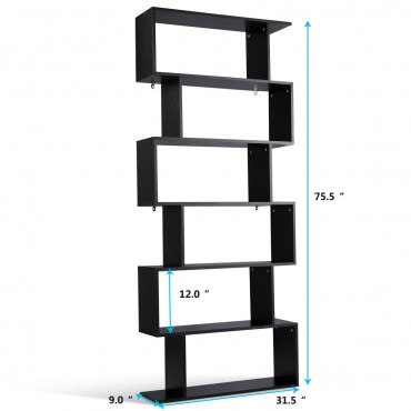 6-Tier S-Shaped Bookcase Z-Shelf Style Storage Bookshelf