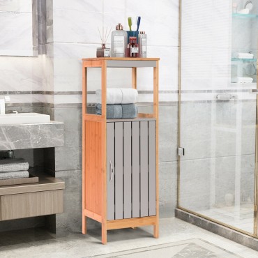 Bathroom Floor Cabinet Freestanding Single Door Bamboo 3-Tier Storage