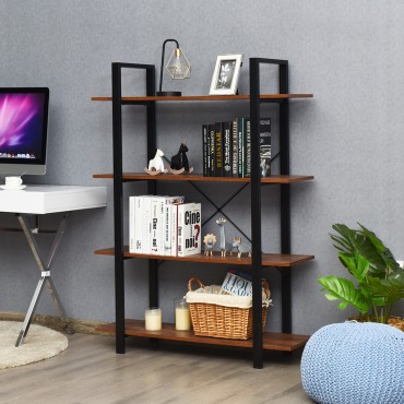 4-Tiers Bookshelf Industrial Bookcases Metal Frame Shelf Stand