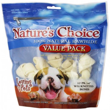 Loving Pets Nature's Choice 100% Natural Rawhide Knotted Bones Value Pack - 3 in.-4 in. Long - 12 Pack - 2 Pieces