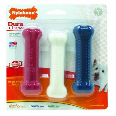 Nylabone Dura Chew Bones - Assorted Flavors - 3 Pack - Peanut Butter, Chicken and Bacon Flavors - Dogs up to 25 lbs - 2 Pieces