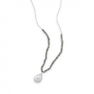 16 in. + 2 in. Labradorite and Baroque Pearl Drop Necklace