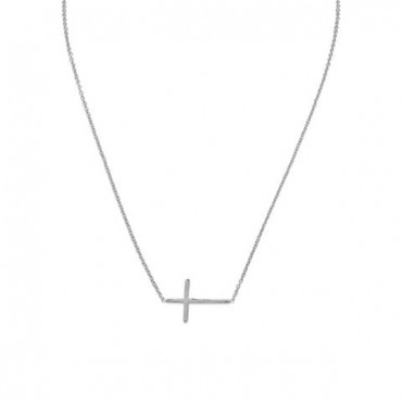 16 in. + 2 in. Rhodium Plated Polished Sideways Cross Necklace