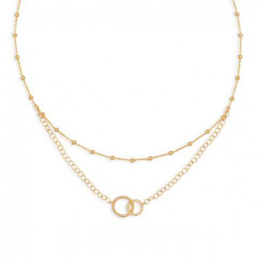 16 in. 14 Karat Gold Plated Multistrand Beaded Necklace with Circle Link