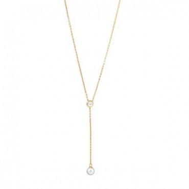 14 Karat Gold Plated Necklace with CZ and Imitation Pearl Drop